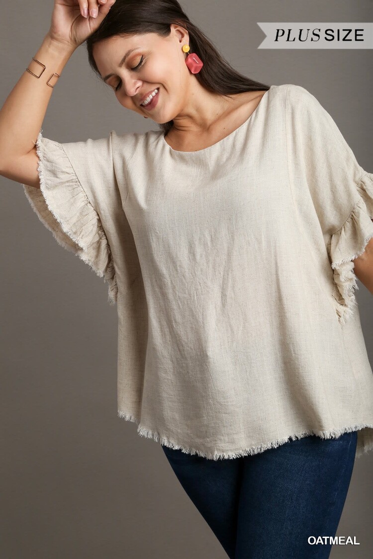 Umgee Linen Blend Short Ruffle Sleeve with Frayed Scoop Hem