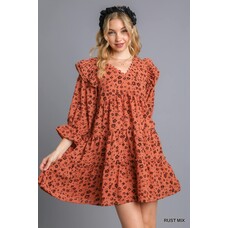Umgee Flower Tiered Dress with Ric Rac Trim