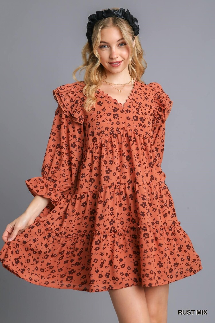 Umgee Flower Tiered Dress with Ric Rac Trim