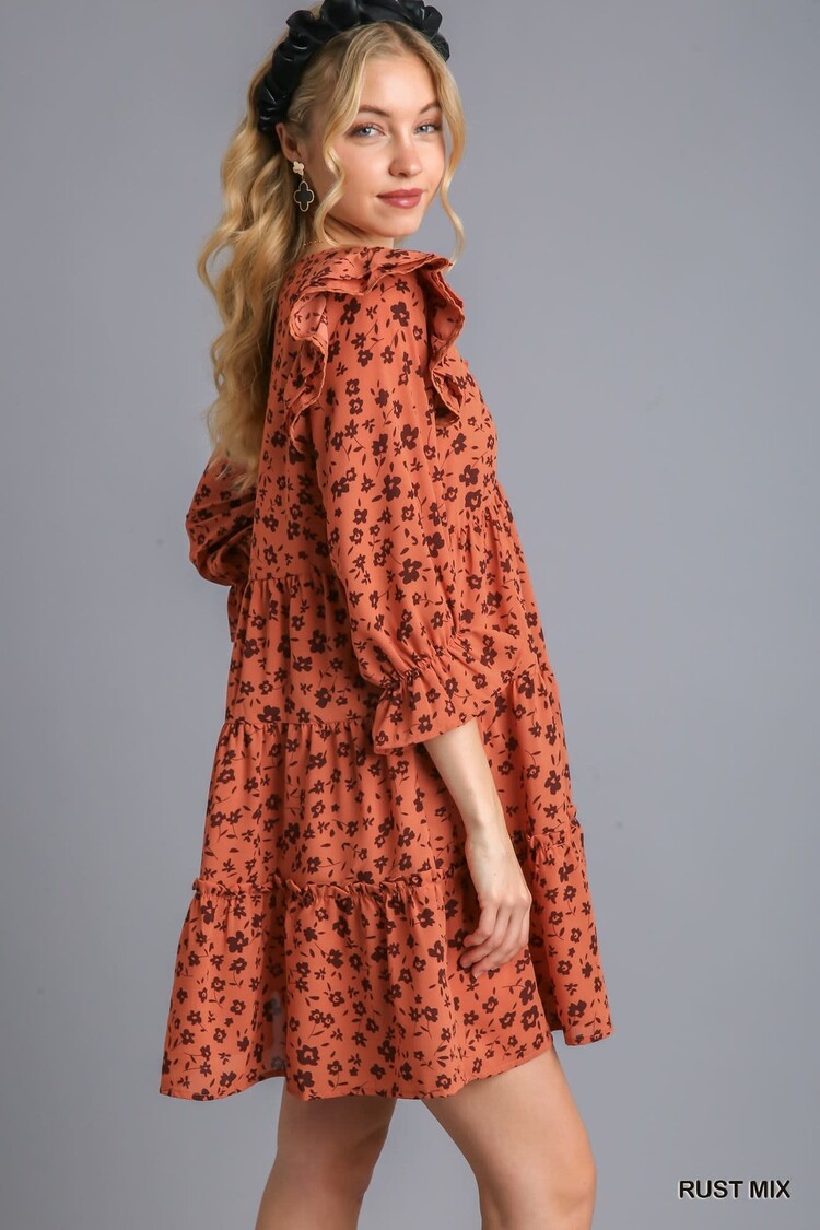 Umgee Flower Tiered Dress with Ric Rac Trim