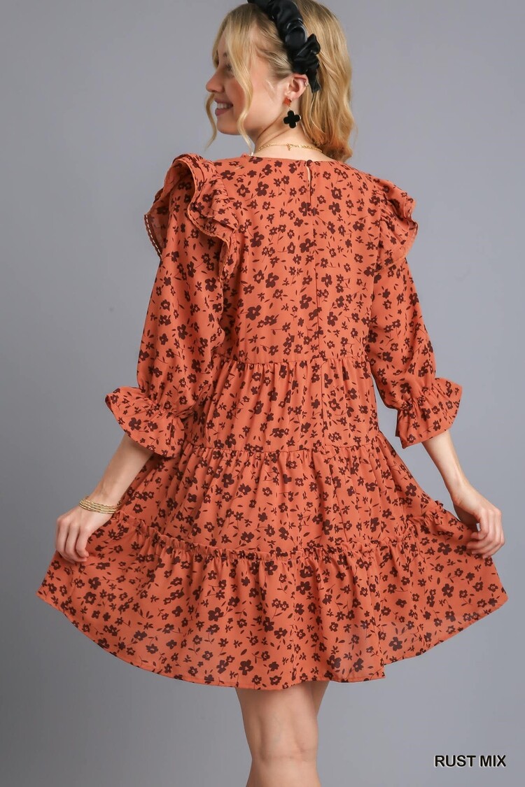 Umgee Flower Tiered Dress with Ric Rac Trim