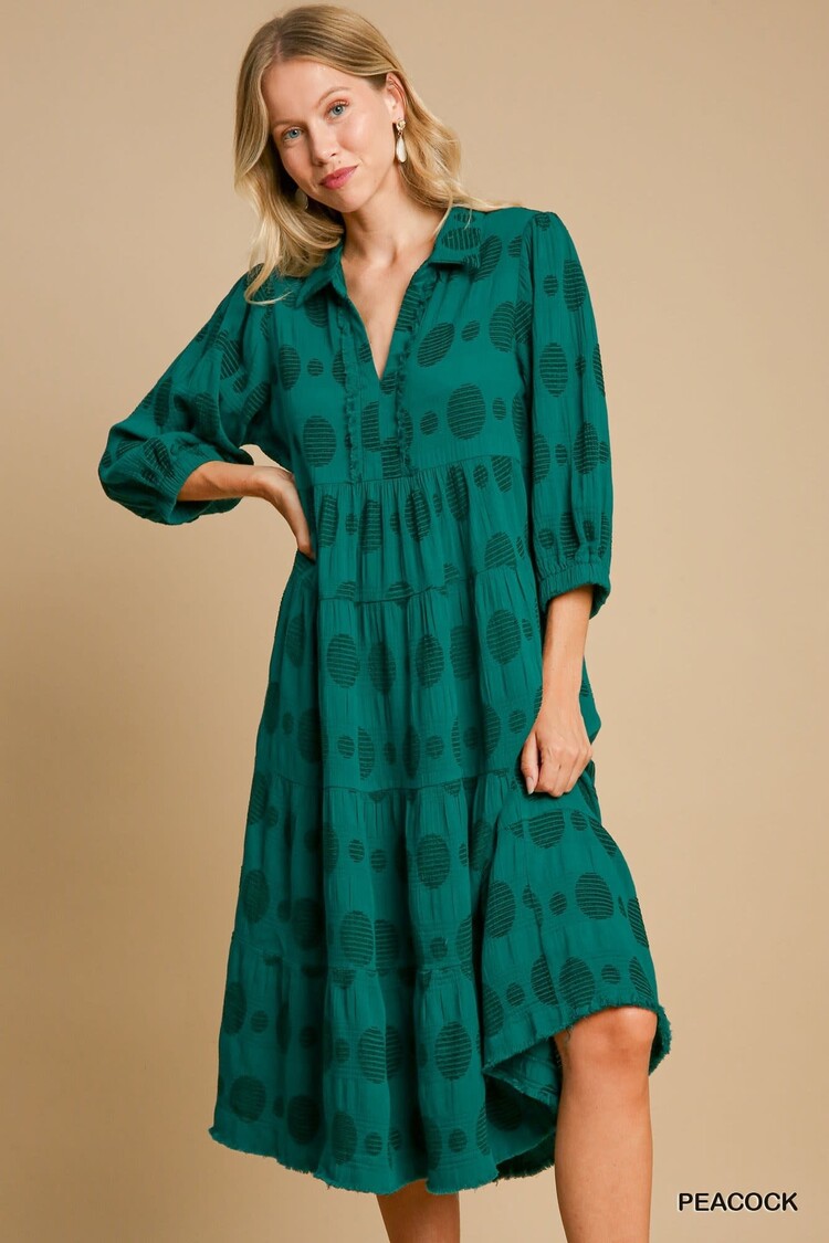 Umgee Solid Dotted Jacquard Midi Dress