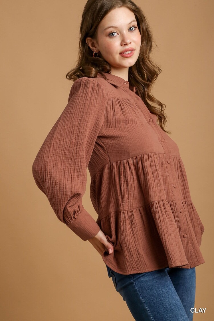 Umgee Cotton Gauze Button Down Tiered Top