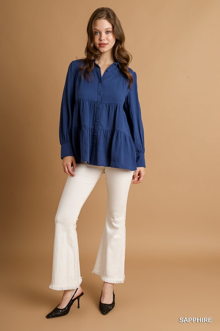 Umgee Cotton Gauze Button Down Tiered Top