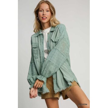 Umgee Linen Button Down Laced Top with Frayed Hem