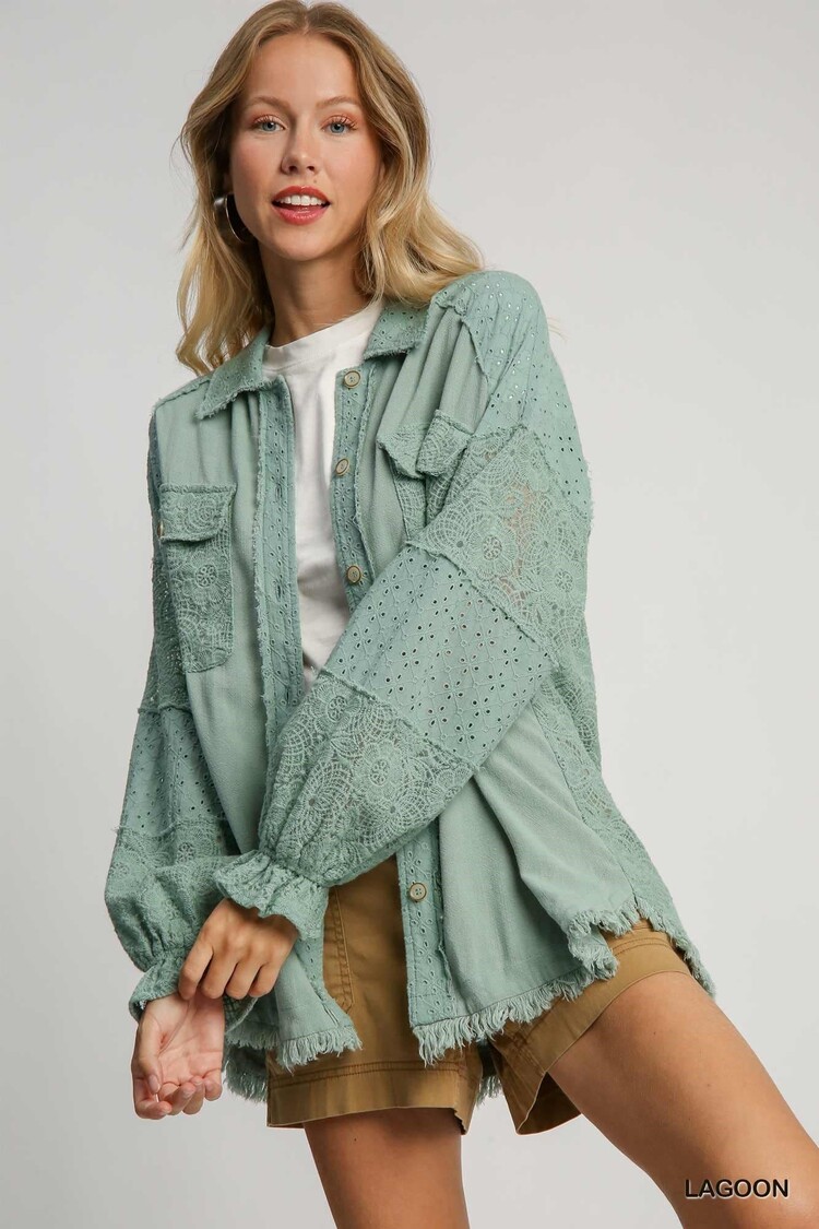 Umgee Linen Button Down Laced Top with Frayed Hem