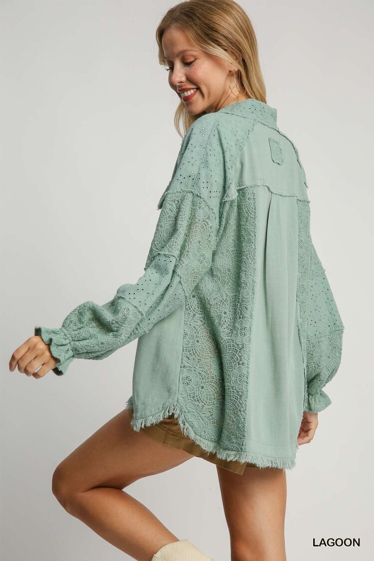 Umgee Linen Button Down Laced Top with Frayed Hem
