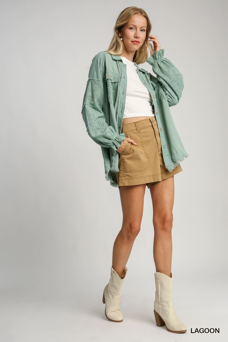 Umgee Linen Button Down Laced Top with Frayed Hem