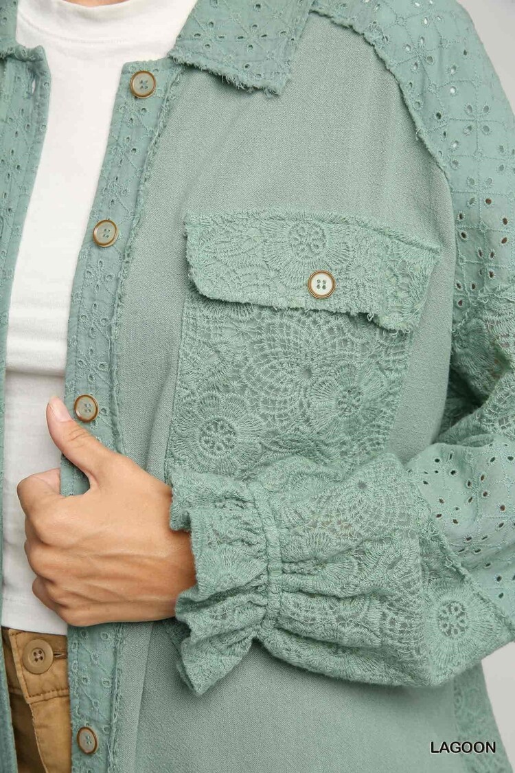 Umgee Linen Button Down Laced Top with Frayed Hem