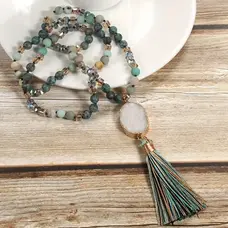 Long Tassel Pendant Necklace - Green