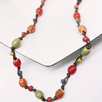 Colorful Ceramic  Bead Necklace with Natural Stone Accents
