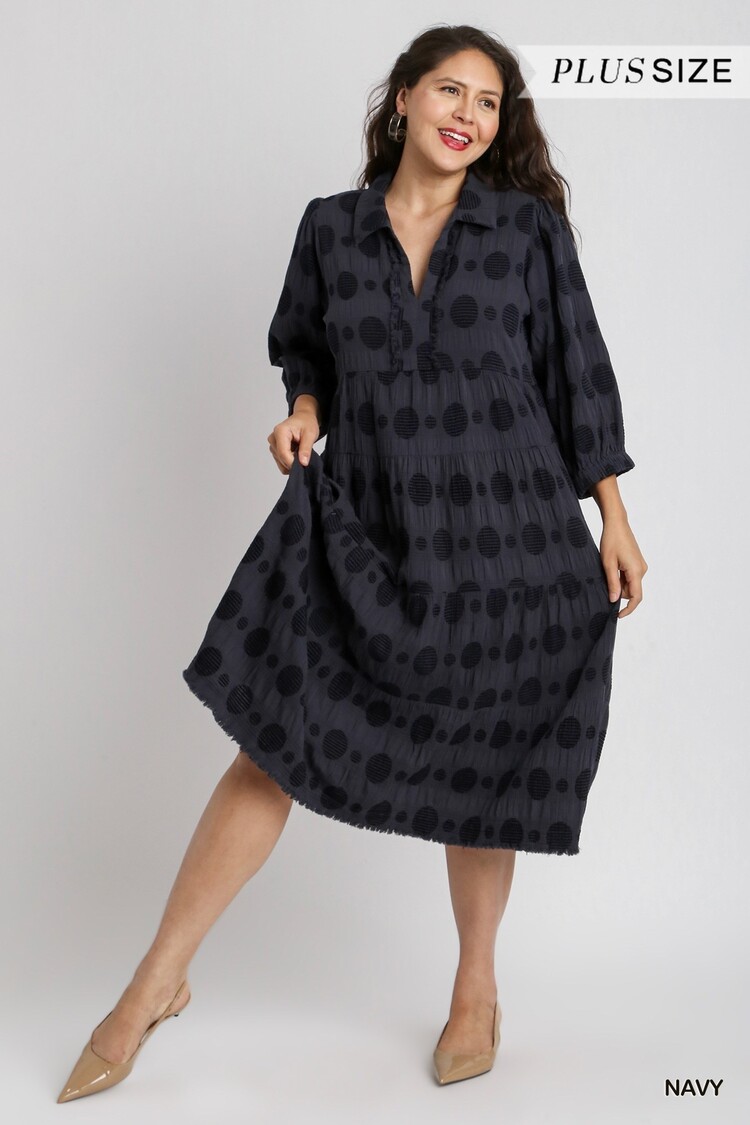 Umgee Solid Dotted Jacquard Midi Dress