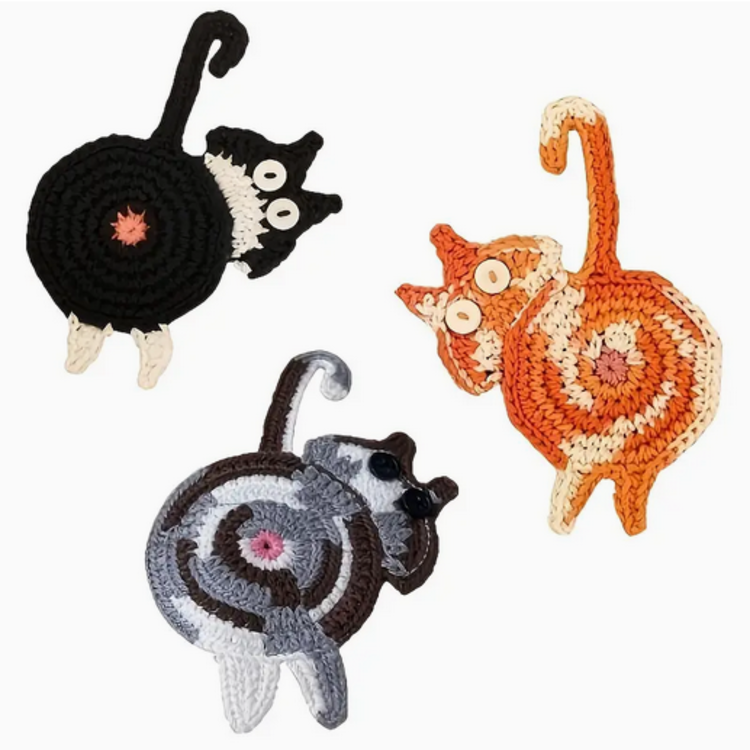 Set of 3 Hand-knitted Cat Butt Coasters