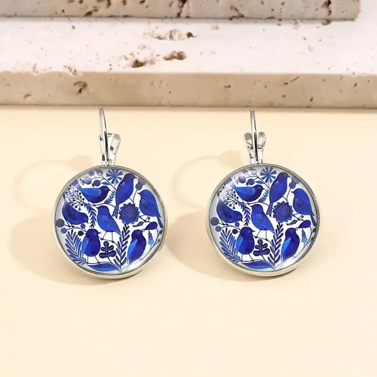 Blue & White Bluebird and Flower Porcelain Earrings