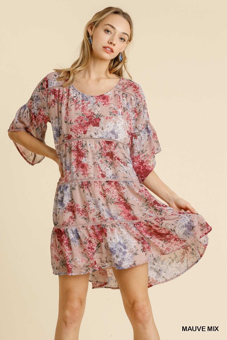 Umgee Sheer Floral Print Round Neck Half Sleeve Tiered Dress