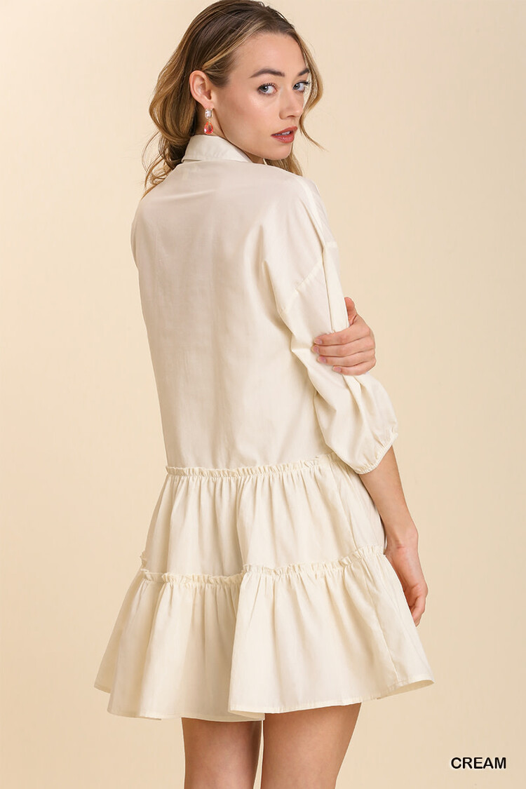 Umgee Collared Button Front 3/4 Sleeve Tiered Dress