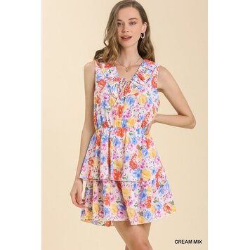 Umgee Floral Print Ruffle V-Neck Dress with Front Tie