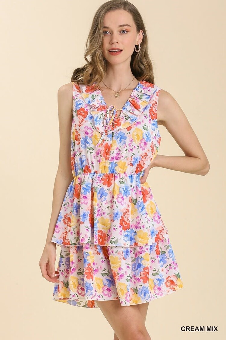 Umgee Floral Print Ruffle V-Neck Dress with Front Tie