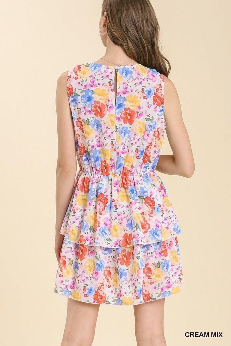 Umgee Floral Print Ruffle V-Neck Dress with Front Tie