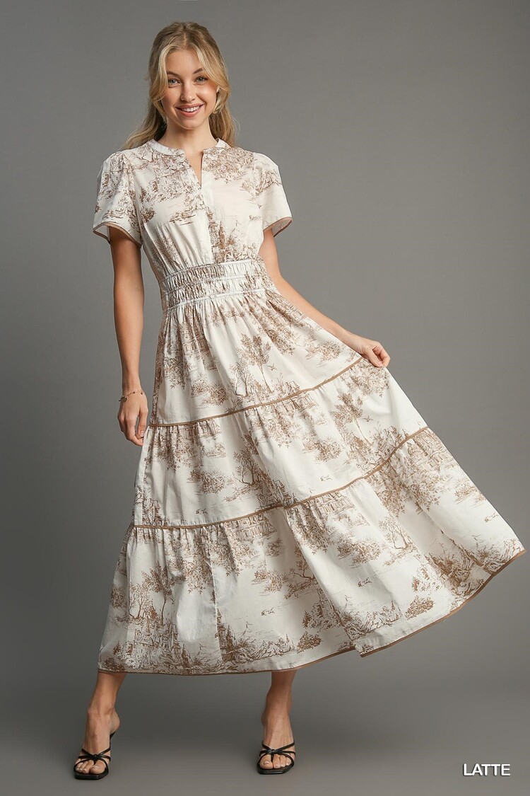 Umgee Landscape Print Tiered  Dress with Split Neck