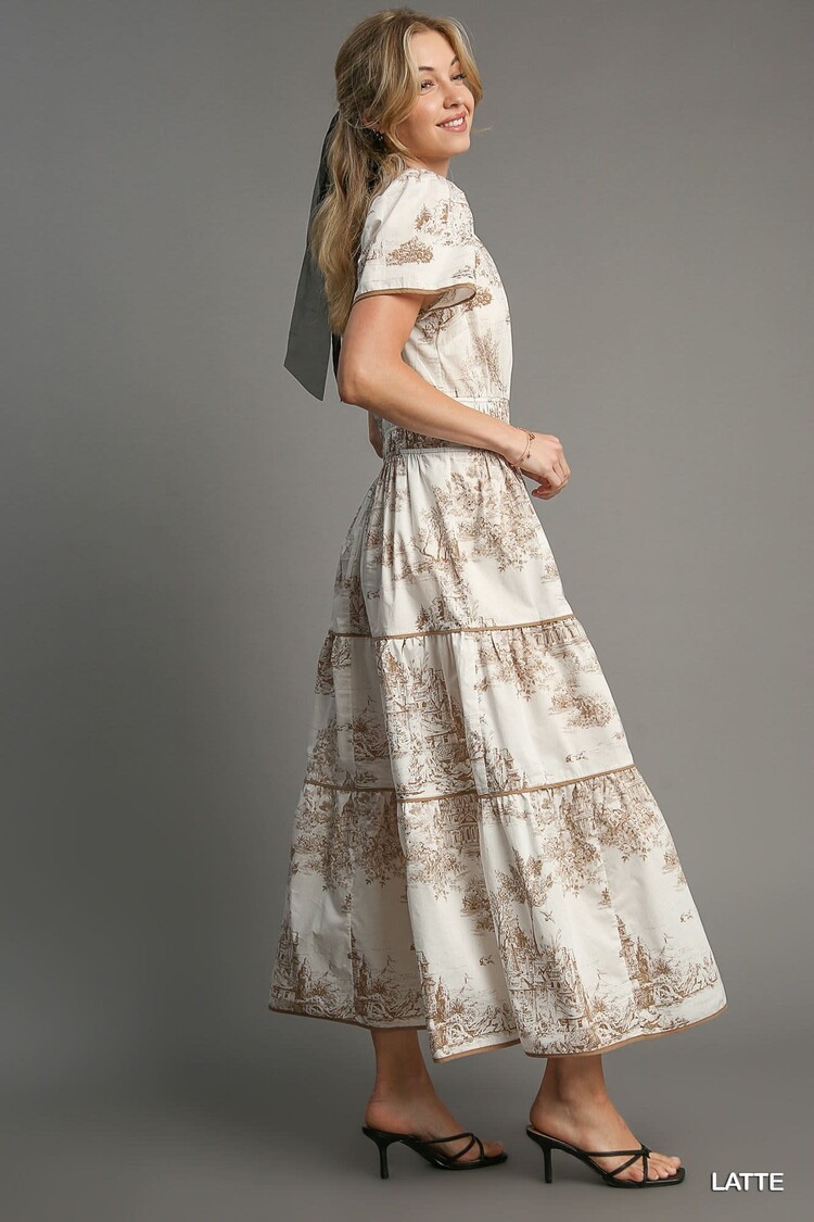 Umgee Landscape Print Tiered  Dress with Split Neck
