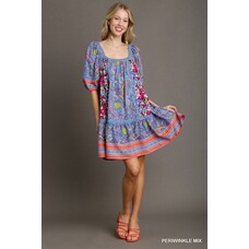 Umgee Mixed Print Squared Neckline Dress