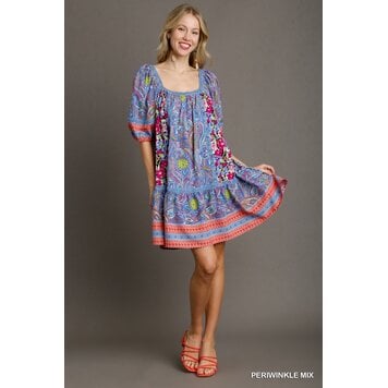 Umgee Mixed Print Squared Neckline Dress