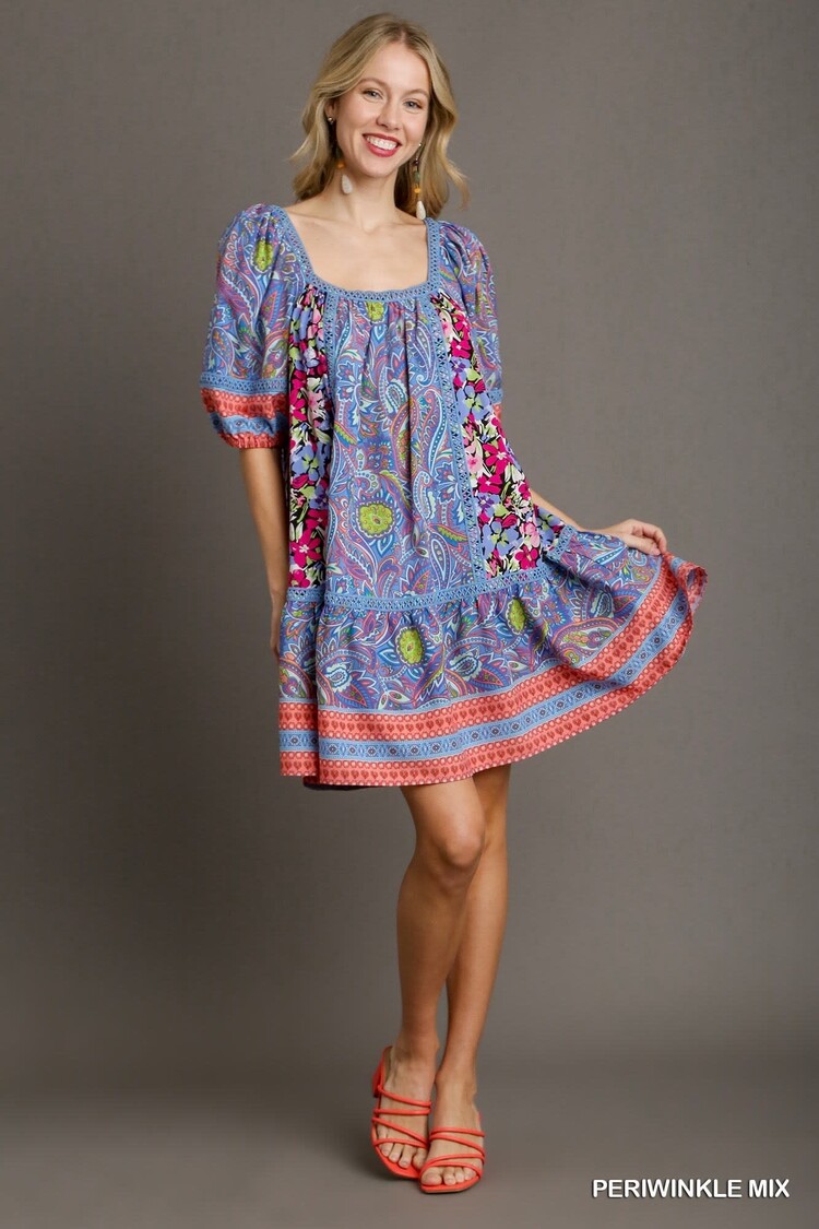 Umgee Mixed Print Squared Neckline Dress