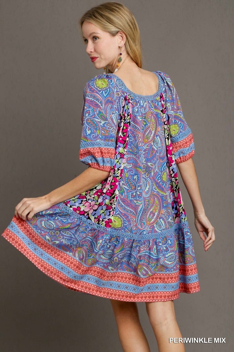 Umgee Mixed Print Squared Neckline Dress