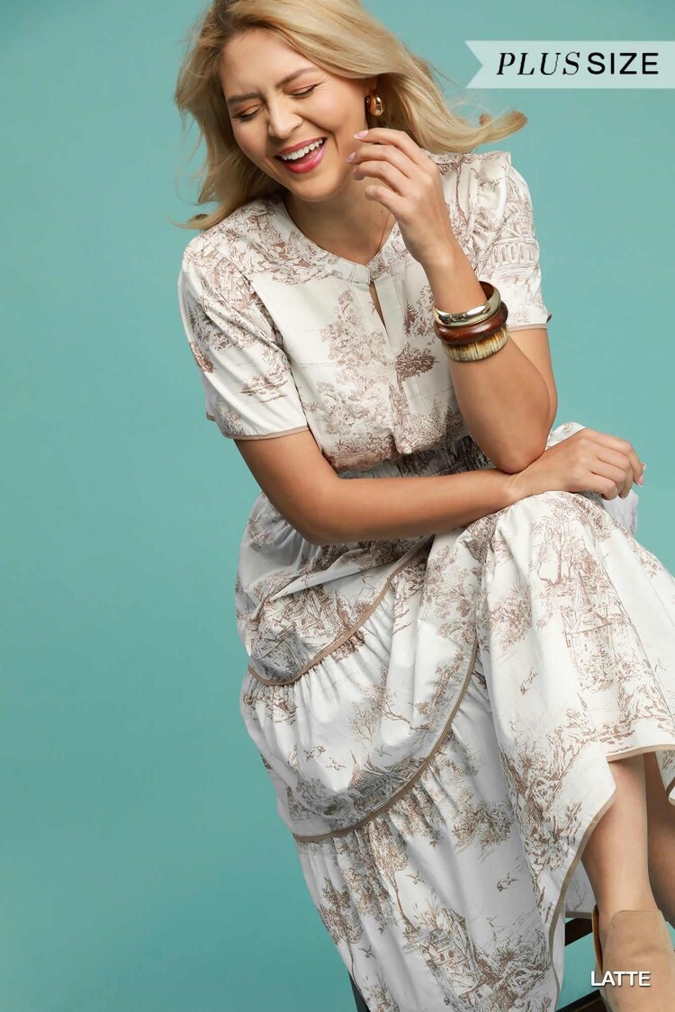 Umgee Landscape Print Tiered  Dress with Split Neck