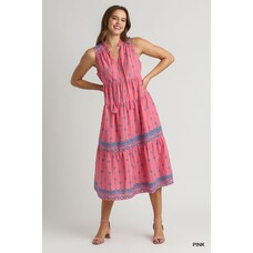 Umgee Embroidery Sleeveless A-Line Midi Dress with Tassel Tie Neck