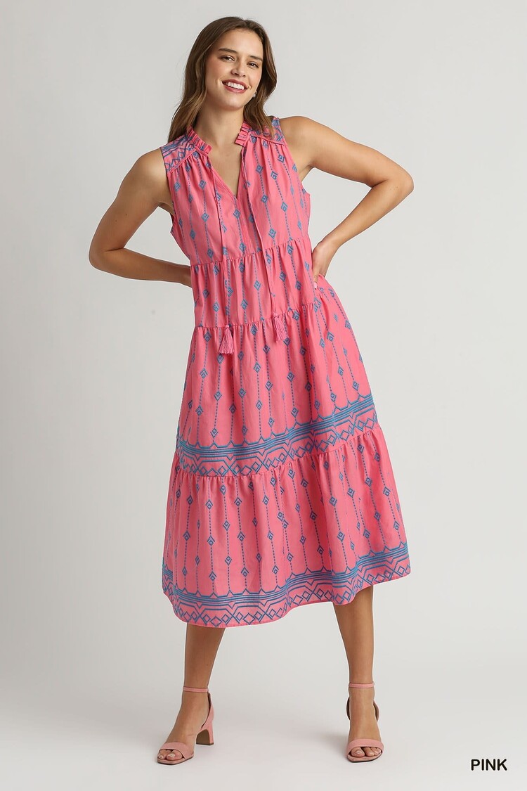 Umgee Embroidery Sleeveless A-Line Midi Dress with Tassel Tie Neck
