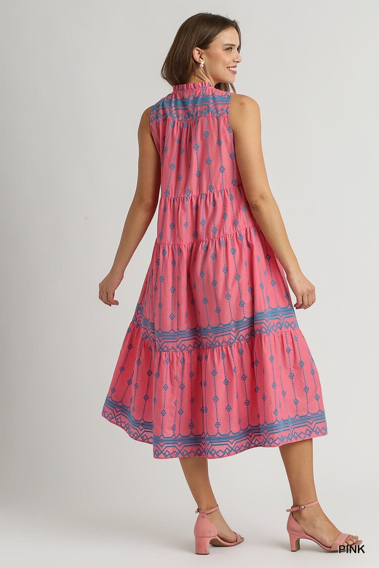 Umgee Embroidery Sleeveless A-Line Midi Dress with Tassel Tie Neck