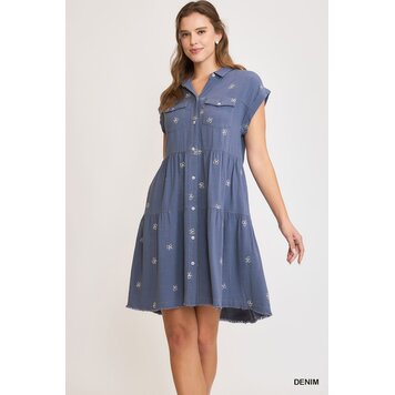 Umgee Linen Blend Ribbon Embroidered Shirt Dress