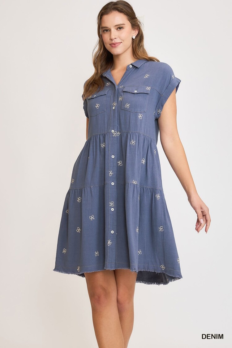 Umgee Linen Blend Ribbon Embroidered Shirt Dress