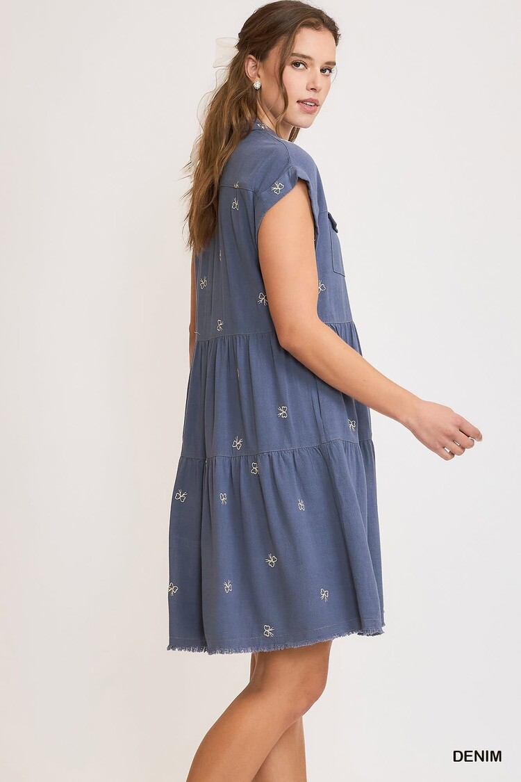 Umgee Linen Blend Ribbon Embroidered Shirt Dress