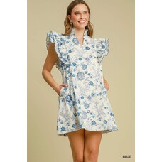 Umgee Floral Print Scalloped Sleeved Dress