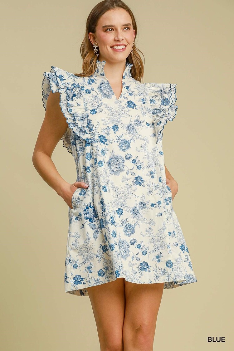 Umgee Floral Print Scalloped Sleeved Dress