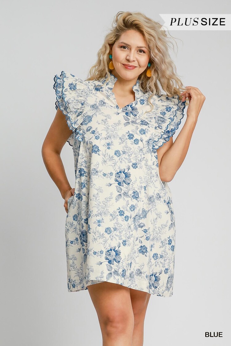 Umgee Floral Print Scalloped Sleeved Dress