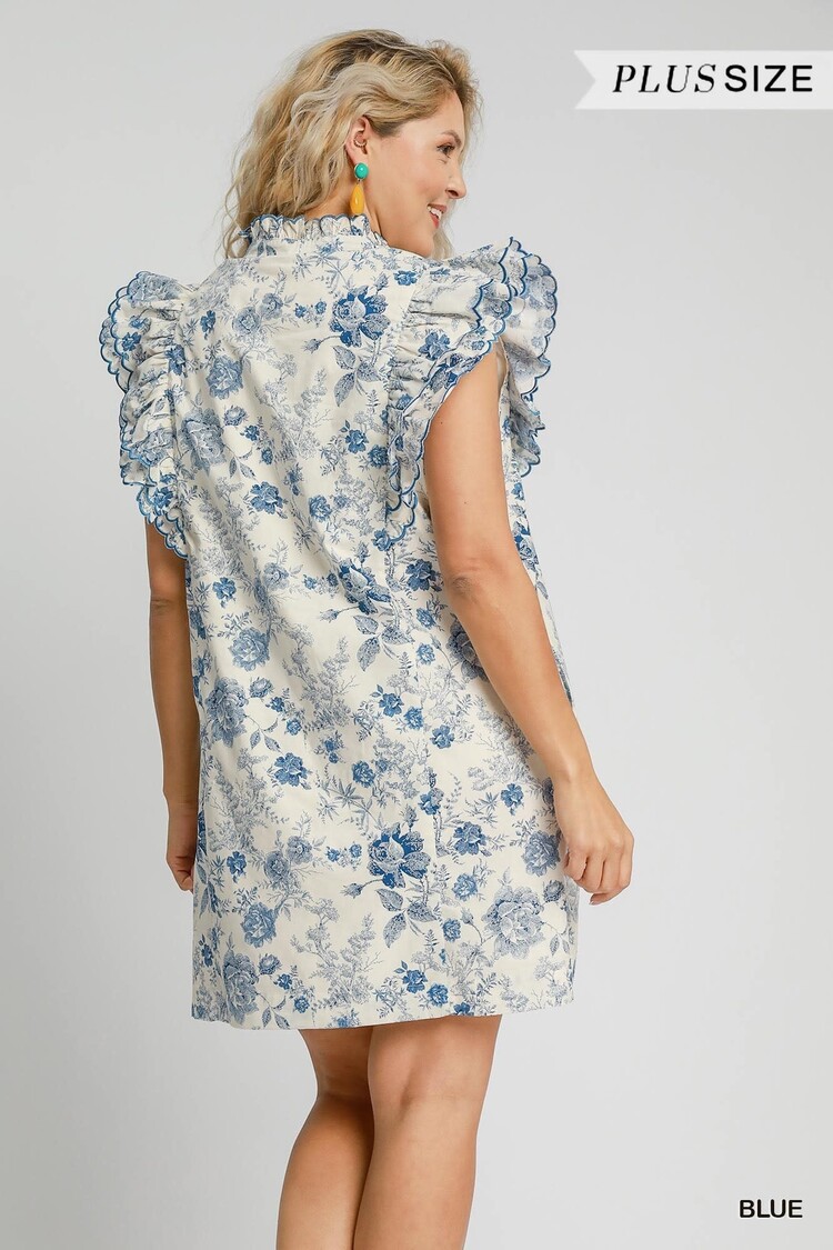 Umgee Floral Print Scalloped Sleeved Dress