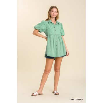 Umgee Eyelet Puff Sleeve Collared Button Up Tunic