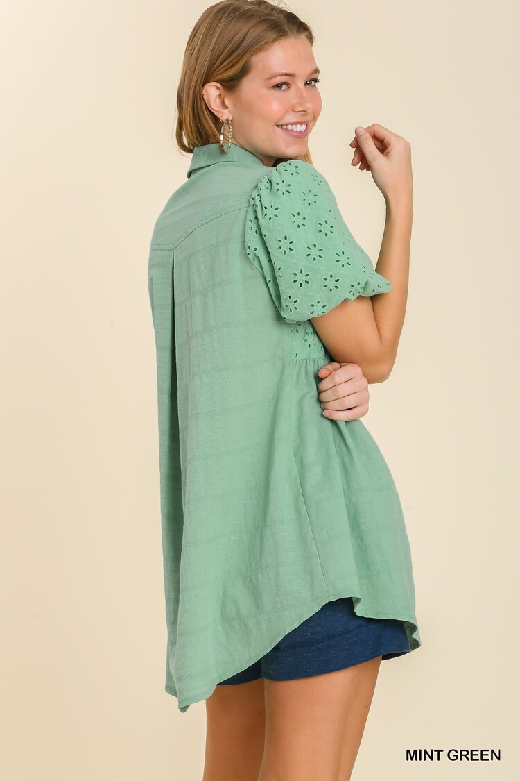 Umgee Eyelet Puff Sleeve Collared Button Up Tunic
