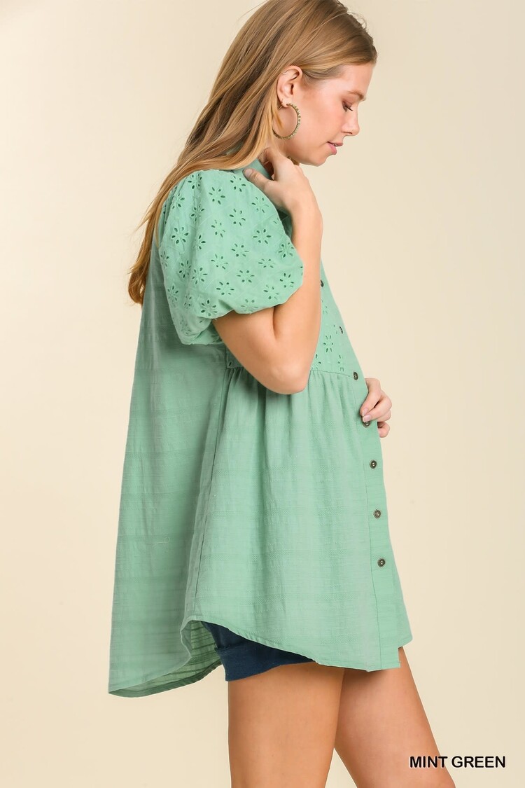 Umgee Eyelet Puff Sleeve Collared Button Up Tunic