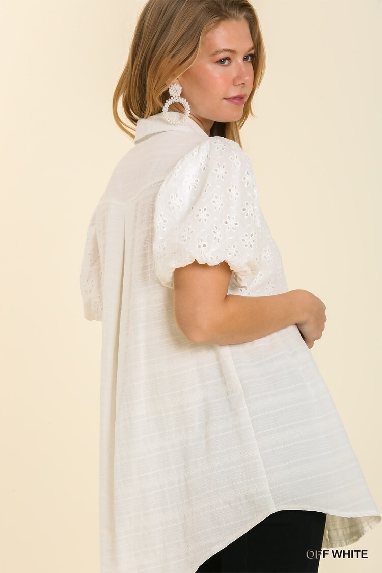 Umgee Eyelet Puff Sleeve Collared Button Up Tunic