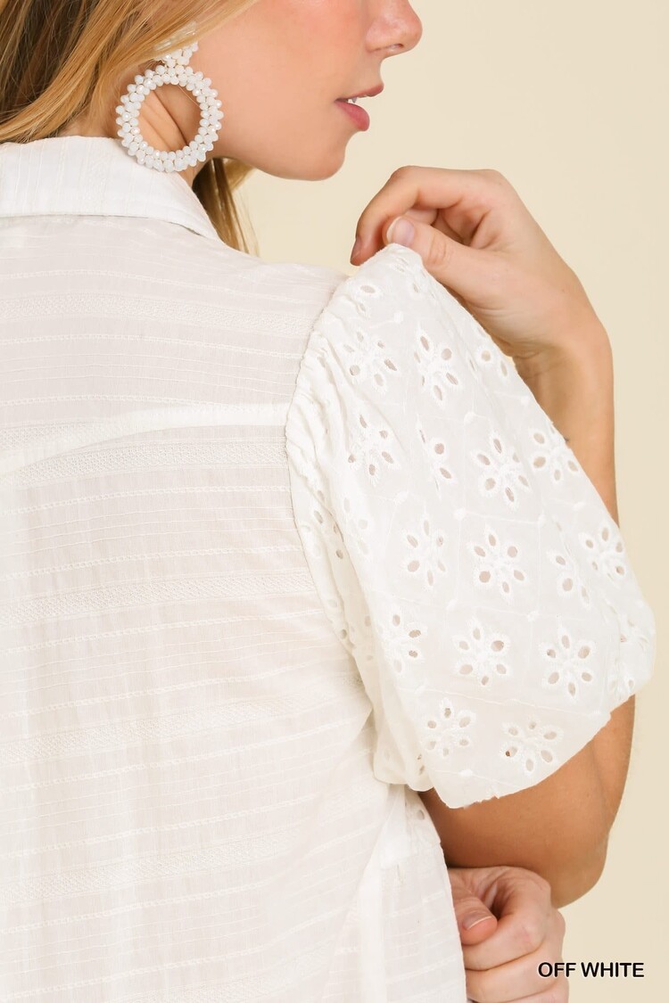 Umgee Eyelet Puff Sleeve Collared Button Up Tunic