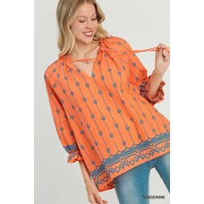 Umgee Boxy Cut Embroidery Top Ruffle Neckline & Front Tie