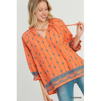 Umgee Boxy Cut Embroidery Top Ruffle Neckline & Front Tie