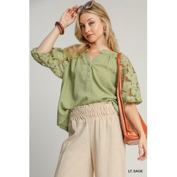 Umgee Linen Boxy Cut Split Neck Top with Floral Lace Sleeves