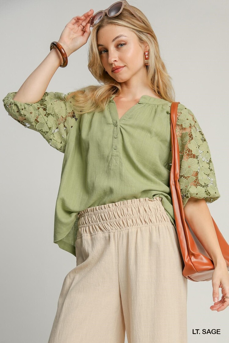 Umgee Linen Boxy Cut Split Neck Top with Floral Lace Sleeves