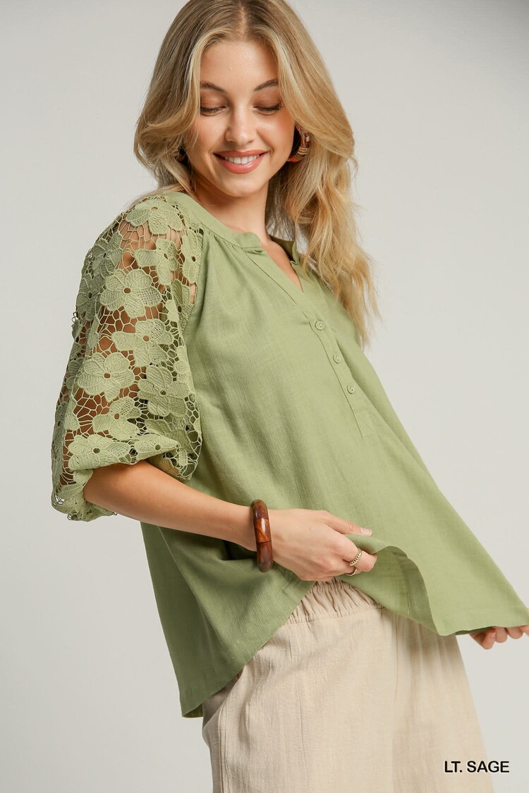 Umgee Linen Boxy Cut Split Neck Top with Floral Lace Sleeves